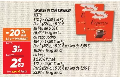 Netto - Capsules De Cafe Espresso offre à 3,29€ sur Netto