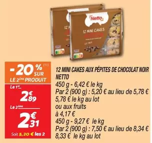 Netto - 12 Mini Cakes Chocolat Noir avec Pépites - Délicieux et Gourmands