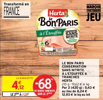 Herta - Le Bon Paris : 6 Tranches de Conservation Sans Nitrite à l'Étouffée - Promotion