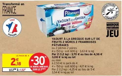 Paturages - Yaourt À La Grecque Sur Lit De Fruits 2 Mures 2 Framboises offre à 2,18€ sur Intermarché