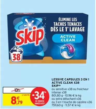 skip - lessive capsules 3 en 1 active clean x38