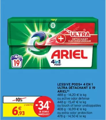 Lenor Ariel Pods+ 4 En 1 Ultra Détachant X 19 - Lessive puissante avec promotion sur les capsules