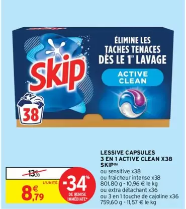 Cajoline Skip Lessive Capsules 3 En 1 Active Clean X38 - Promo: 38 capsules, Efficacité active, Pratique et concentré