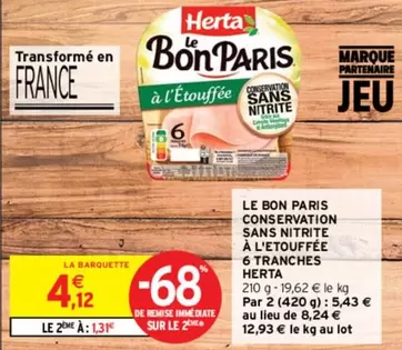 Herta - Le Bon Paris : 6 Tranches de Conservation Sans Nitrite à L'étouffée