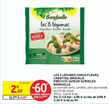 Bonduelle - 3 Légumes Choux-fleurs, Carottes, Brocolis Précuits Vapeur Surgelés