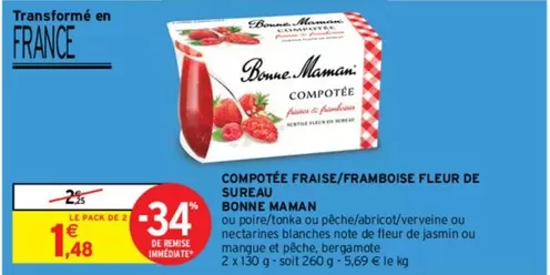 Bonne Maman - Compote Fraise/Framboise Fleur de Sureau : Délicieuse compote, saveurs fruitées et florales, à découvrir dès maintenant !