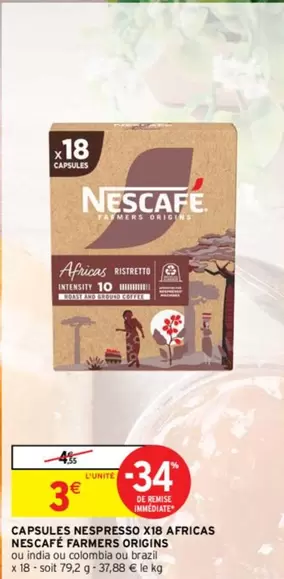 Nespresso - Capsules X18 Africas Nescafé Farmers Origins : Goûtez l'authenticité des saveurs africaines en promo !