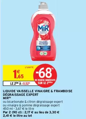 mir - liquide vaisselle vinaigre & framboise : dégraissage expert en promo !