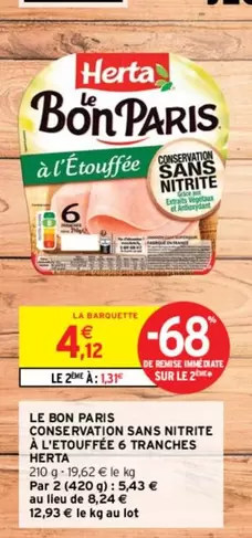 Herta - Le Bon Paris : 6 Tranches de Jambon Conservation Sans Nitrite, à l'Étouffée, Promo Exceptionnelle !