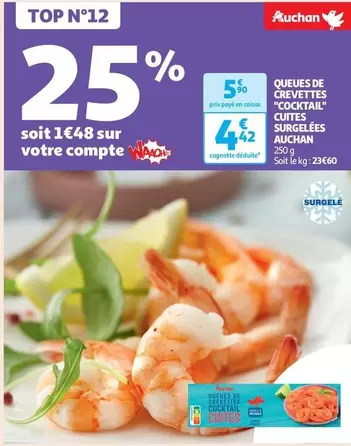 Auchan - Queues de Crevettes Cocktail Cuites Surgelées : délicieuses et prêtes à déguster, idéales pour vos apéritifs!