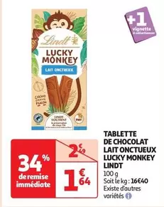 Lindt - Tablette de Chocolat Lait Onctueux Lucky Monkey : Un délice chocolaté irrésistible