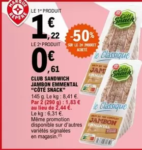 Côte Snack - Club Sandwich Jambon Emmental offre à 1,22€ sur E.Leclerc