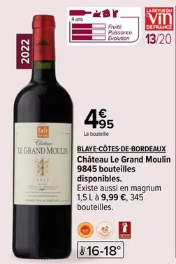 Château Le Grand Moulin - Blaye-Côtes-De-Bordeaux : Vin rouge élégant avec des arômes fruités et une belle structure, idéal pour accompagner vos repas.