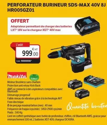 Makita - Perforateur Burineur Sds Max 40V 8J HR005GZ01 offre à 999€ sur DomPro