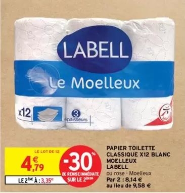 Labell - Pack de 12 Rouleaux de Papier Toilette Classique Blanc Moelleux