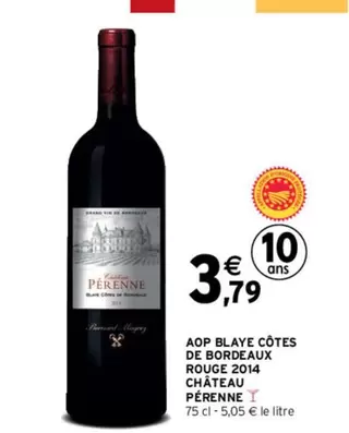 Château Pérenne AOP Blaye Côtes de Bordeaux Rouge 2014 - Vin rouge élégant avec une belle structure et des arômes fruités.