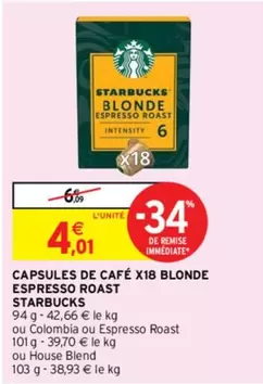 Capsules de Café Blonde Espresso Roast - 18 unités - Starbucks Colombie