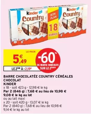 Kinder - Barre Chocolatée Country Céréales Chocolat : Délicieuse et croustillante, pour les gourmands en quête de douceur !