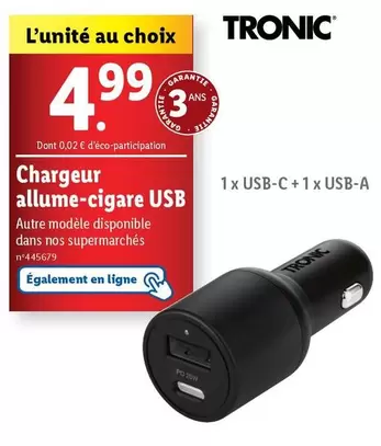 Tronic - Chargeur Allume-cigare Usb