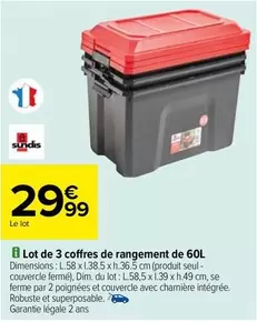 Dim - Sundis - Lot de 3 Coffres de Rangement 60L - Pratiques et Spacieux pour un Rangement Optimal