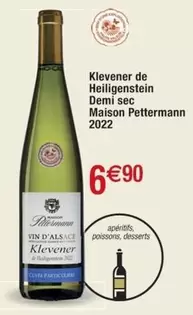 Maison Petterran - Klevener De Heiligenstein Demi Sec : Vin demi-sec au goût fruité, idéal pour accompagner vos plats ou à déguster seul.