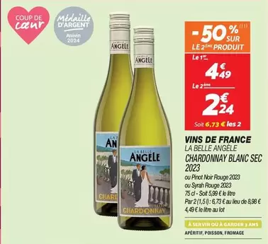 Vins De France La Belle Angele Chardonnay Blanc Sec 2023 - Un Chardonnay Blanc Sec Éclatant en Promotion!