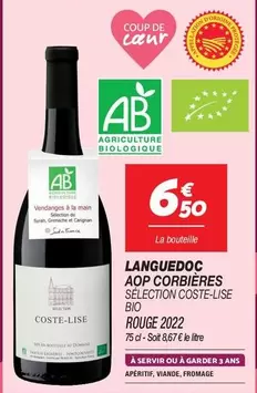 Languedoc AOP Corbières Sélection Coste-Lise Bio Rouge 2022 - Vin Rouge Bio Premium