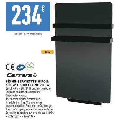 Sèche-serviettes Miroir Dim - Carrera 500 W + Soufflerie 900 W : design élégant et confort optimal