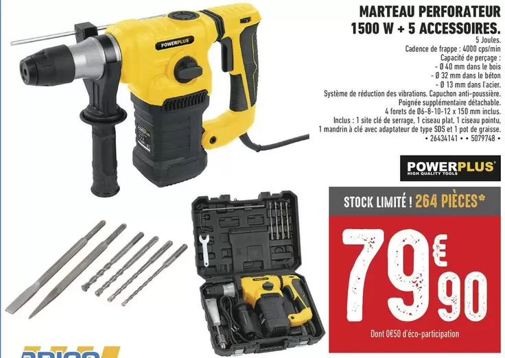 marteau perforateur 1500 w + 5 accessoires