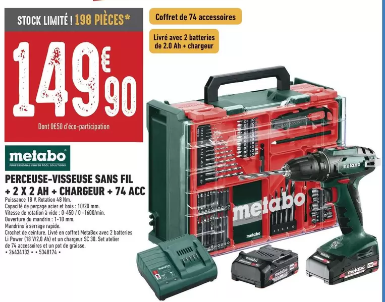 Metabo Perceuse-visseuse Sans Fil avec 2 batteries 2 Ah, chargeur et 74 accessoires - Offre spéciale !