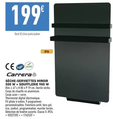 Sèche-serviettes Miroir Dim - Carrera : 500 W + Soufflerie 900 W - Chauffage élégant et fonctionnel