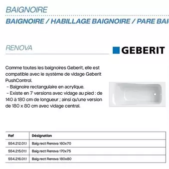 Geberit - Baignoire Renova offre sur Yesss Electrique