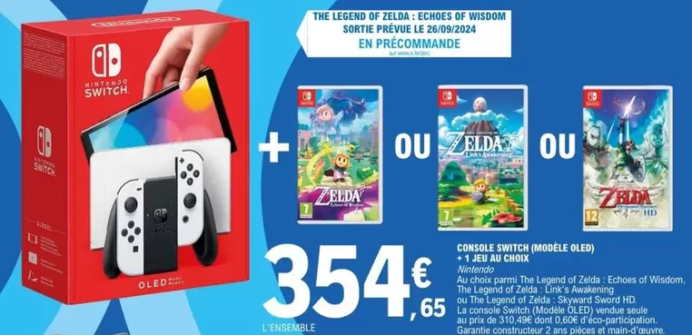 Nintendo -  Console Switch (Modèle Oled) + 1 Jeu Au Choix offre à 354,65€ sur E.Leclerc