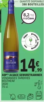 Bestheim - AOP Alsace Gewurztraminer Vendanges Tardives : Vin doux aux arômes exotiques, parfait pour vos desserts!