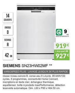 Siemens - SN23HW02MF offre à 919€ sur Copra