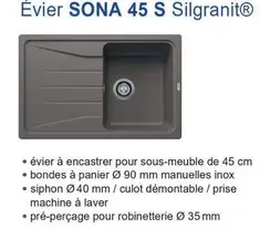 Évier Sona 45 S Silgranit offre sur Copra