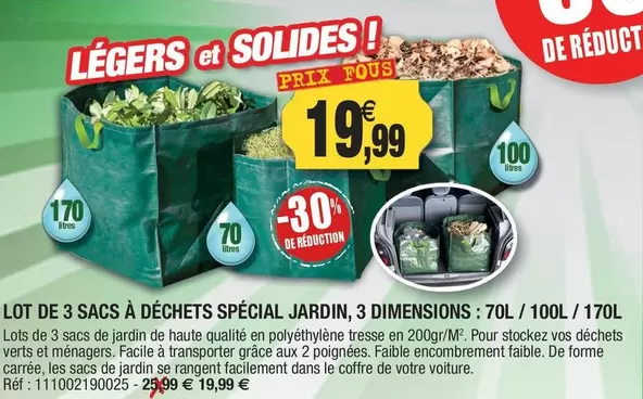 Lot De 3 Sacs À Déchets Spécial Jardin, 3 Dimensions: 70L/100L offre à 19,99€ sur Outiror