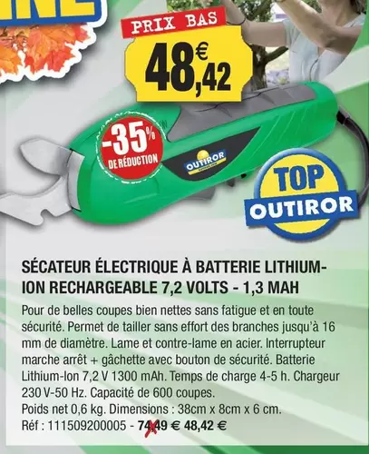 Outiror - Sécateur Électrique À Batterie Lithium- Ion Rechargeable 7.2 Volts - 1,3 Mah offre à 48,42€ sur Outiror