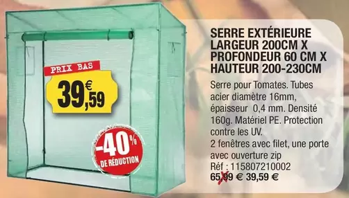 Serre Exterieure Largeur 200cm X Profondeur 60 Cm X Hauteur 200-230cm offre à 39,59€ sur Outiror