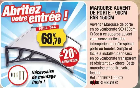 Marquise Auvent De Porte-190cm Par 150cm offre à 68,79€ sur Outiror