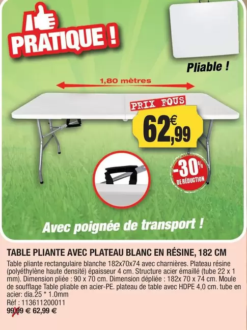 Table Pliante Avec Plateau Blanc En Résine, 182 Cm offre à 62,99€ sur Outiror