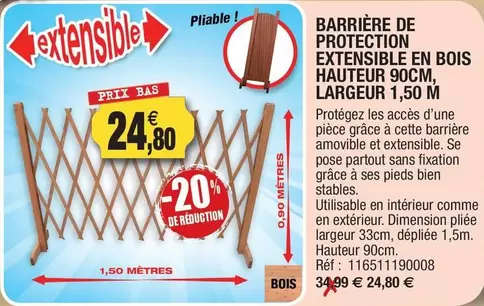 Barrière De Protection Extensible En Bois Hauteur 90cm, Largeur 1,5 M offre à 24,8€ sur Outiror