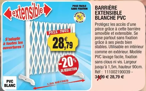 Barrière Extensible Blanche Pvc offre à 28,79€ sur Outiror