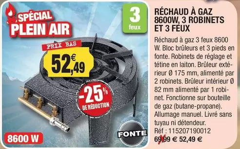 Réchaud À Gaz 8600w, 3 Robinets Et 3 Feux offre à 52,49€ sur Outiror