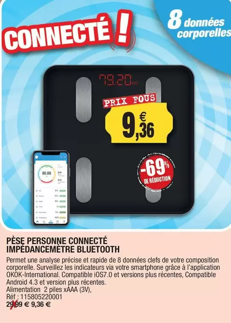 Pèse Personne Connecté Impedancemetre Bluetooth offre à 9,36€ sur Outiror