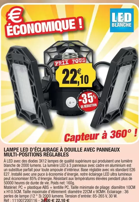 Capteur À 360 - Lampe Led D'éclairage À Douille Avec Panneaux Multi-positions Réclables offre à 22,1€ sur Outiror