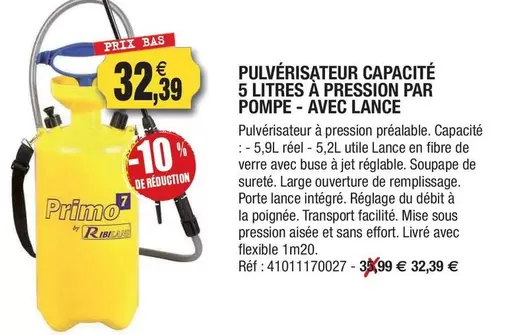 Pulvérisateur Capacité 5 Litres À Pression Par Pompe - Avec Lance offre à 32,39€ sur Outiror