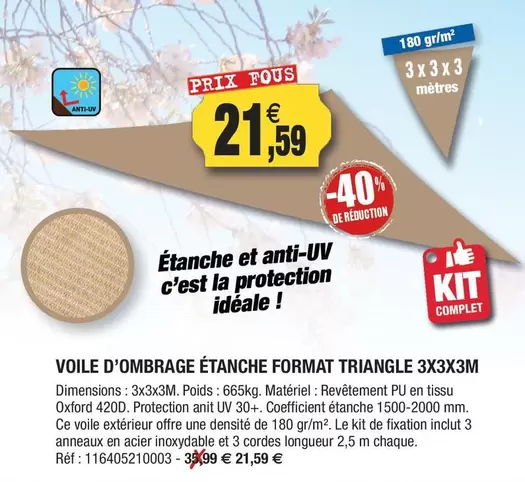 Complet - Voile D'Ombrage Étanche Format Triangle 3x3M offre à 21,59€ sur Outiror