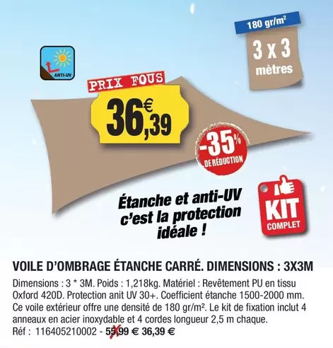 Complet - Voile D'Ombrage Étanche Carre. Dimensions: 3x3M offre à 36,39€ sur Outiror