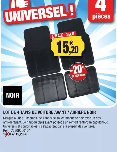 Lot De 4 Tapis De Voiture Avant / Arrière Noir offre à 15,2€ sur Outiror